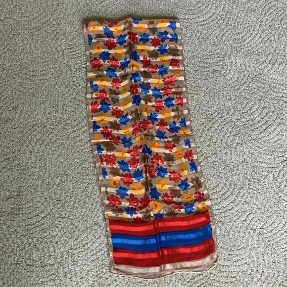 Floral print, silk scarf, red blue, yellow, and tan - Picture 3 of 5